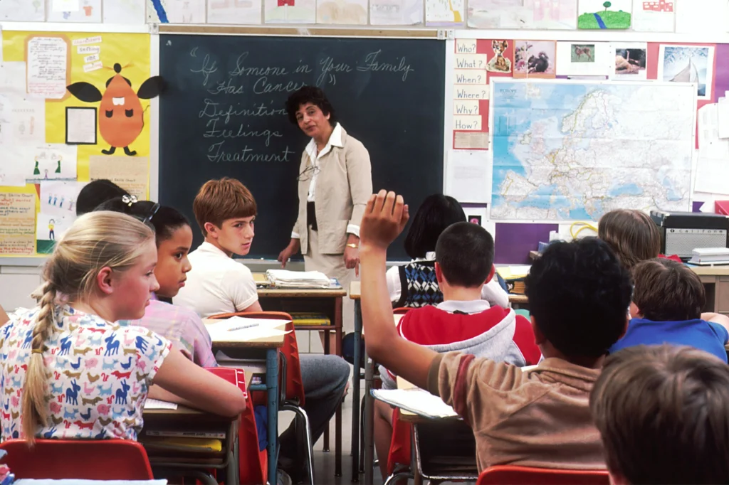 Elementary students raising their hands while a teacher leads a lesson